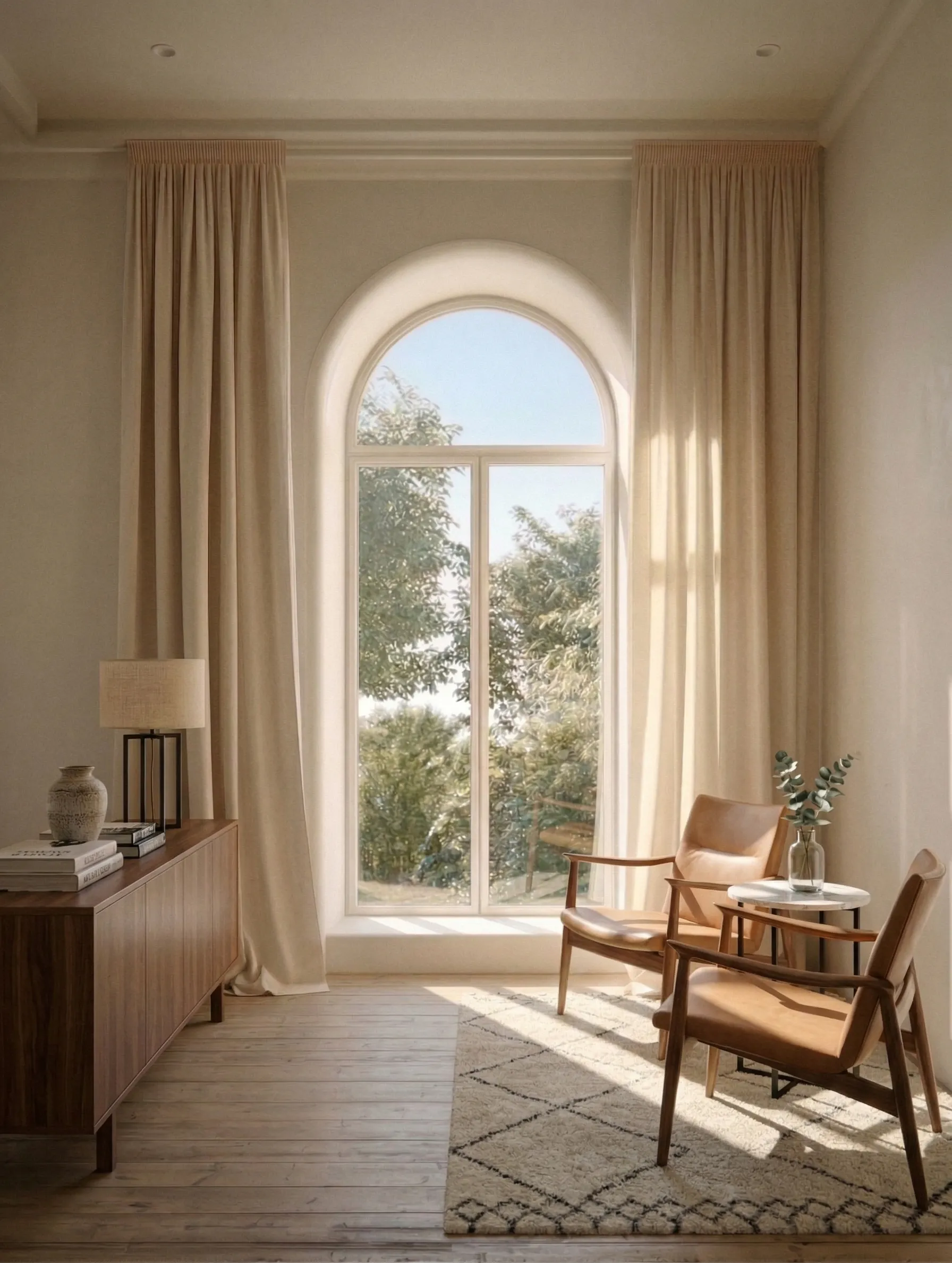 Jasne wnętrze z łukowym oknem i widokiem na ogród