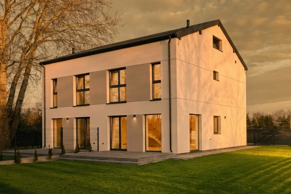 Bliźniak Brzegowa — elewacja frontowa w złotym świetle