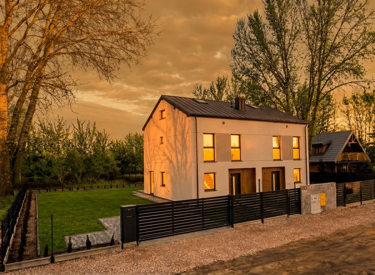 Bliźniak Brzegowa — widok od ulicy o zachodzie