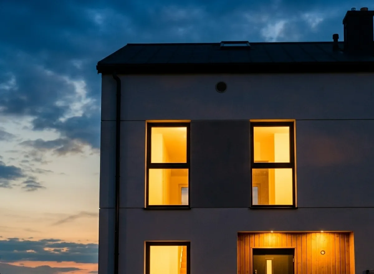 Elewacja nocą — ciepłe światło z okien
