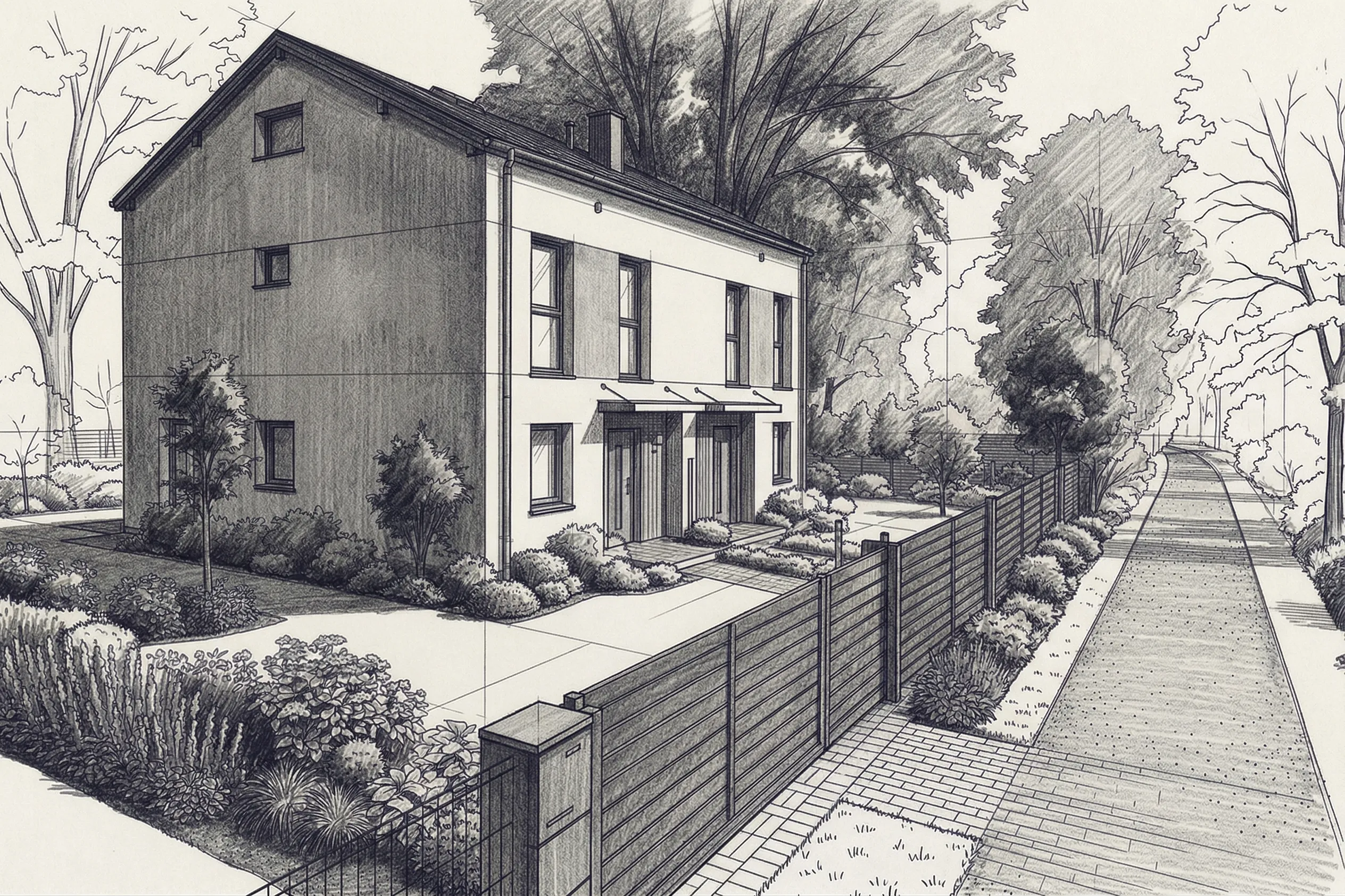 Szkic architektoniczny bliźniaka Osiedle Przy Wale