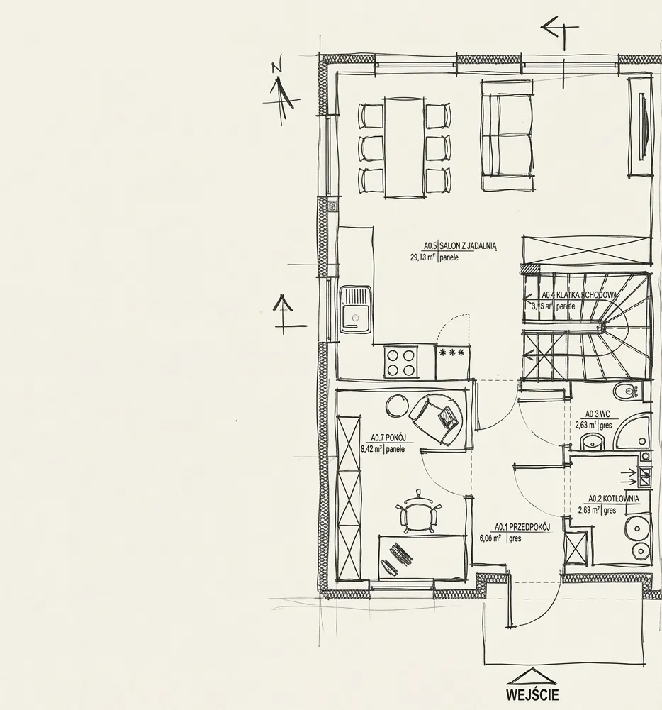 Rzut parteru z metrażami pomieszczeń